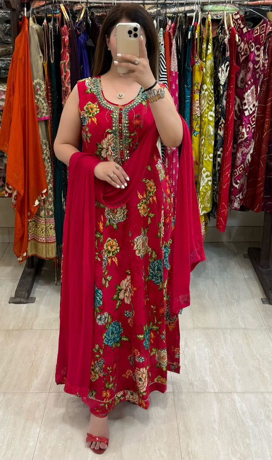 SDC-4794. Printed Rayon 3 Piece Anarkali Kurti Set