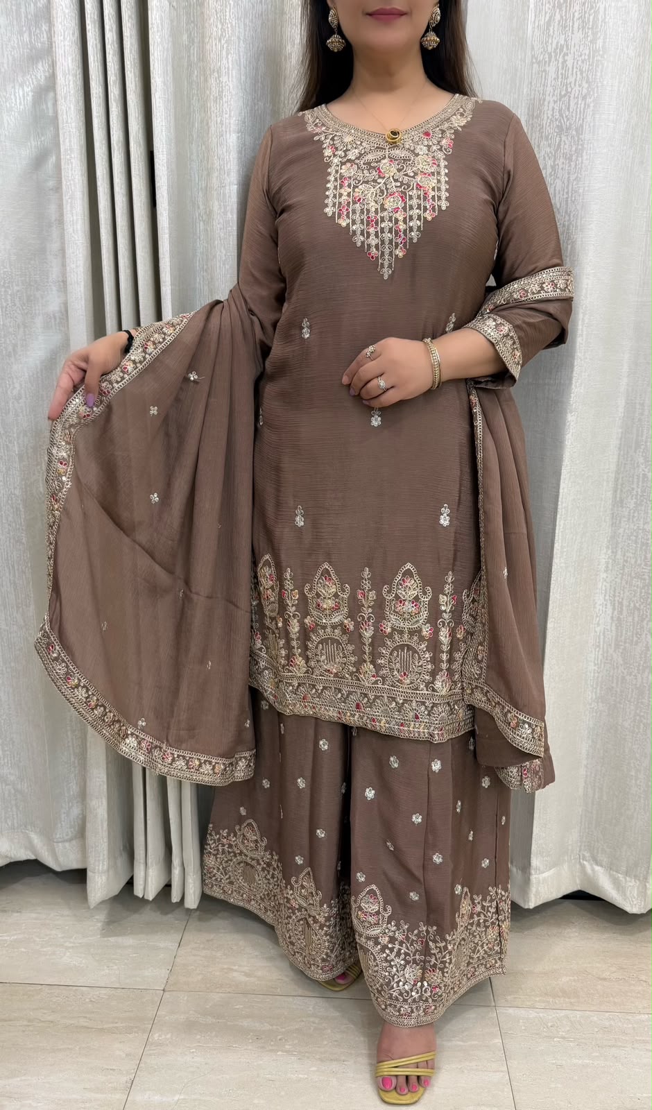 SDC-4855. Chinnon 3 Piece Full Lining Kurti Set