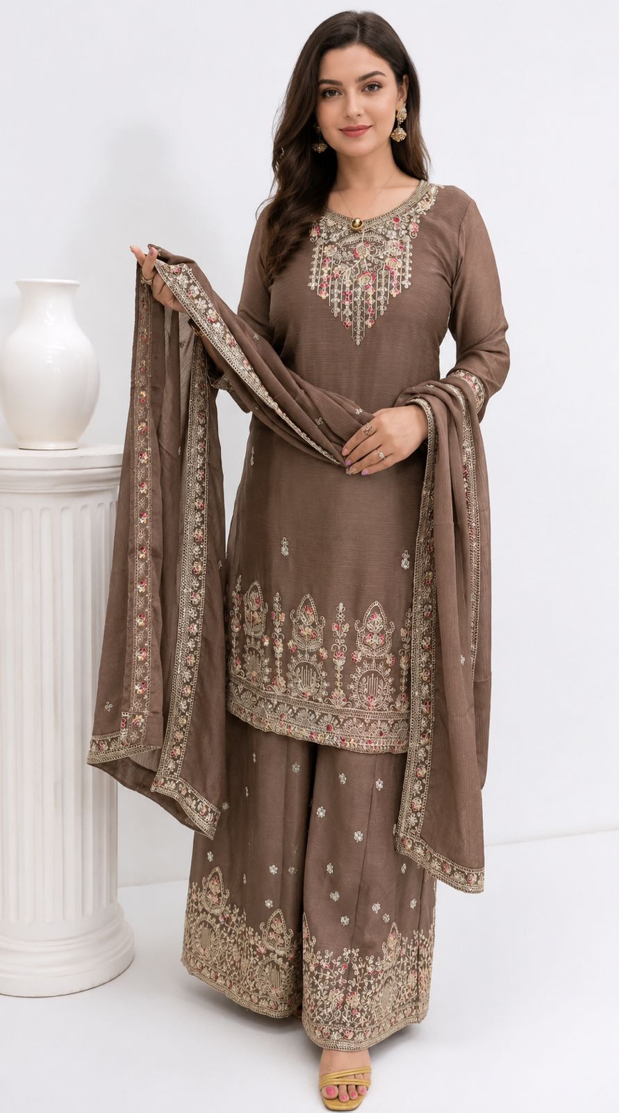 SDC-4855. Chinnon 3 Piece Full Lining Kurti Set