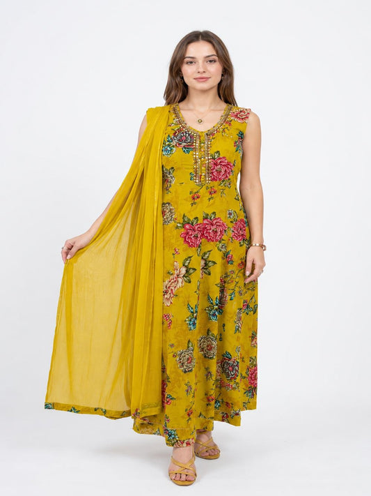 SDC-4793. Printed Rayon 3 Piece Anarkali Kurti Set