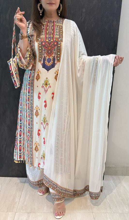 SDC-4715 Pure Muslin Crepe 3 Piece Kurti Set with Sling Bag