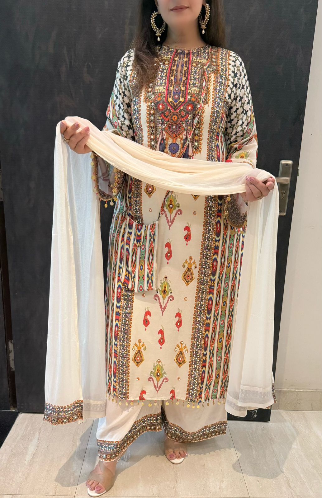 SDC-4715 Pure Muslin Crepe 3 Piece Kurti Set with Sling Bag