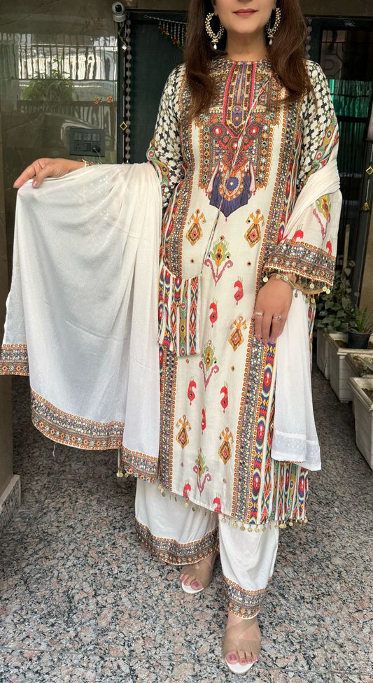 SDC-4715 Pure Muslin Crepe 3 Piece Kurti Set with Sling Bag