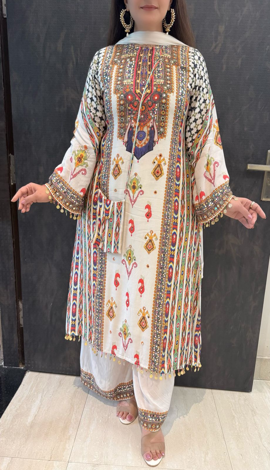 SDC-4715 Pure Muslin Crepe 3 Piece Kurti Set with Sling Bag