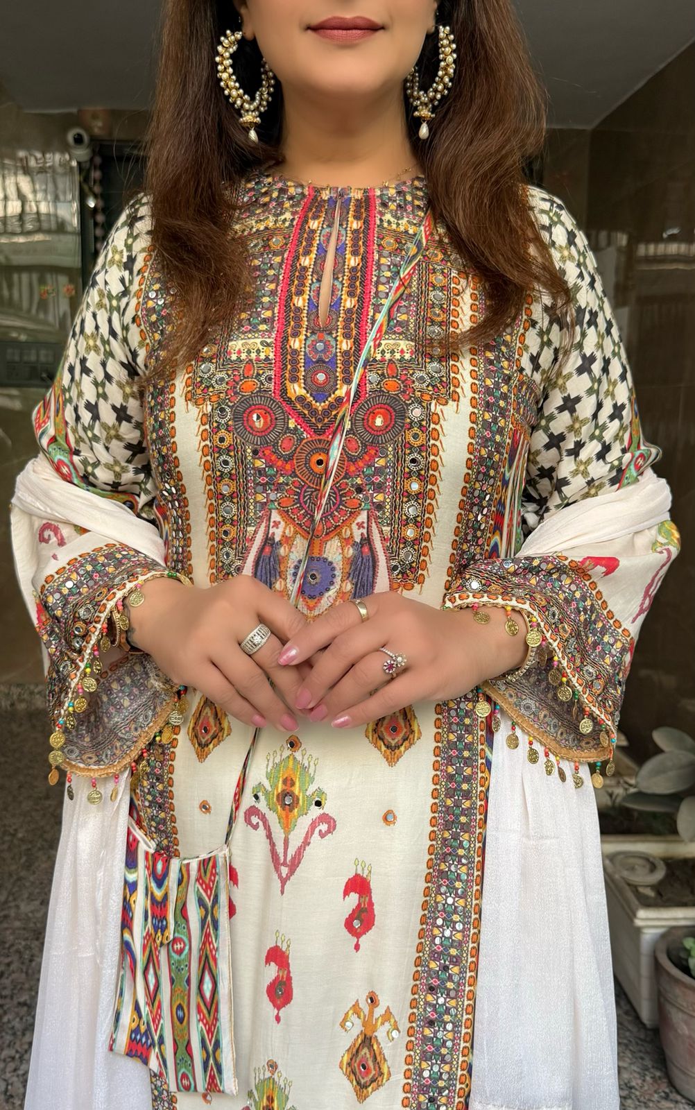 SDC-4715 Pure Muslin Crepe 3 Piece Kurti Set with Sling Bag