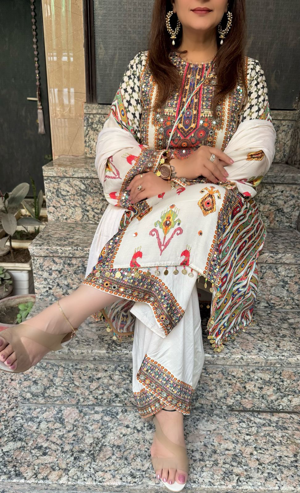 SDC-4715 Pure Muslin Crepe 3 Piece Kurti Set with Sling Bag