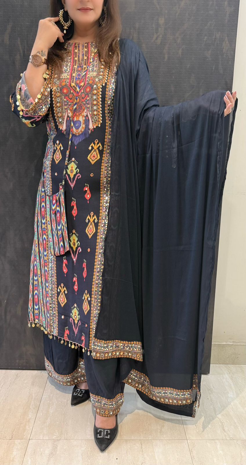 SDC-4716 Pure Muslin Crepe 3 Piece Kurti Set with Sling Bag