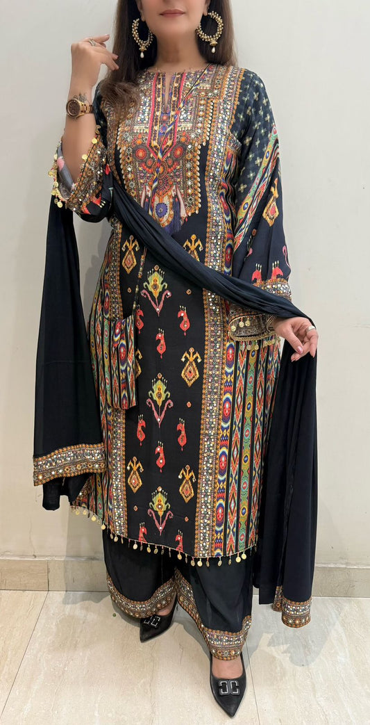 SDC-4716 Pure Muslin Crepe 3 Piece Kurti Set with Sling Bag