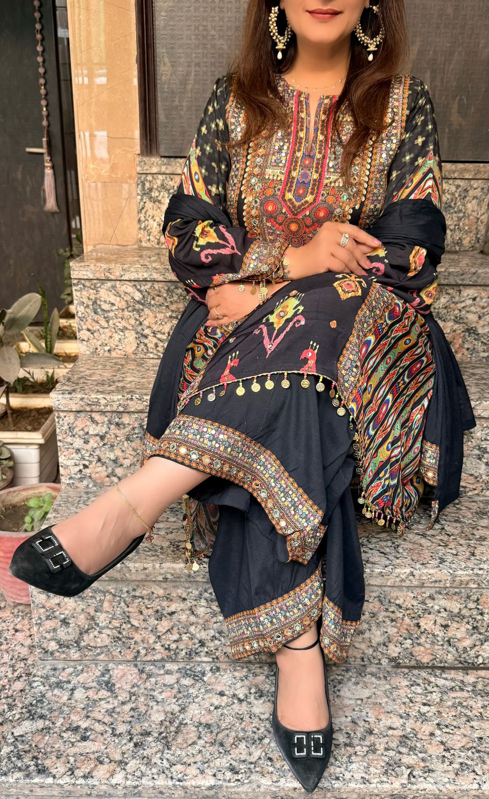 SDC-4716 Pure Muslin Crepe 3 Piece Kurti Set with Sling Bag