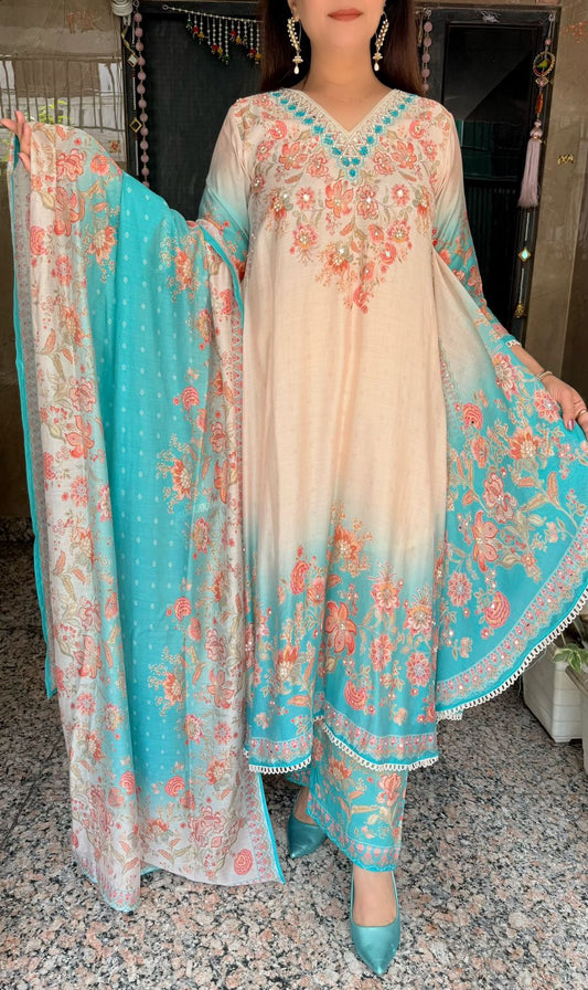 SDC-4720 Pure Crepe Printed 3 Piece Umbrella Flare Kurti Set