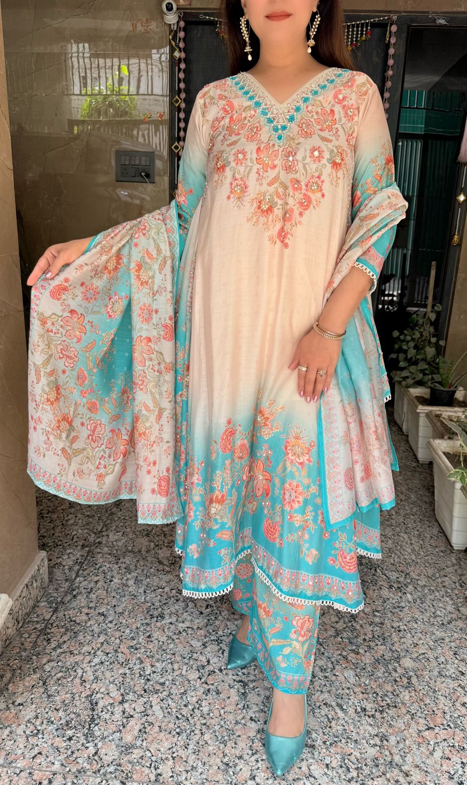 SDC-4720 Pure Crepe Printed 3 Piece Umbrella Flare Kurti Set
