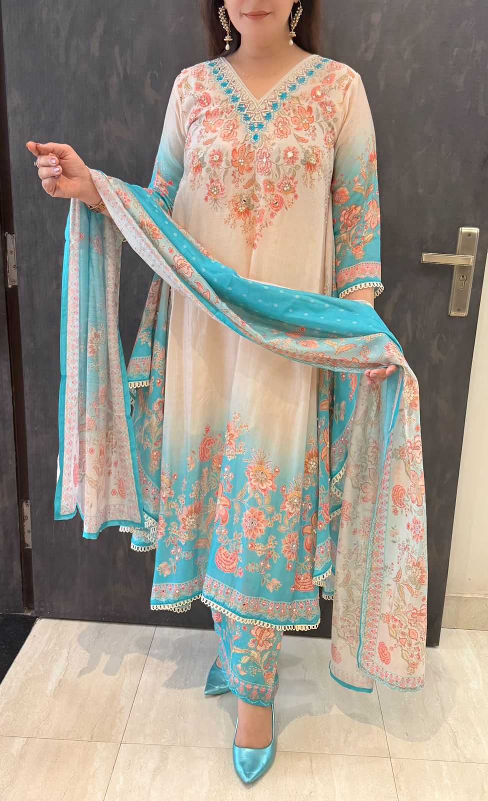 SDC-4720 Pure Crepe Printed 3 Piece Umbrella Flare Kurti Set