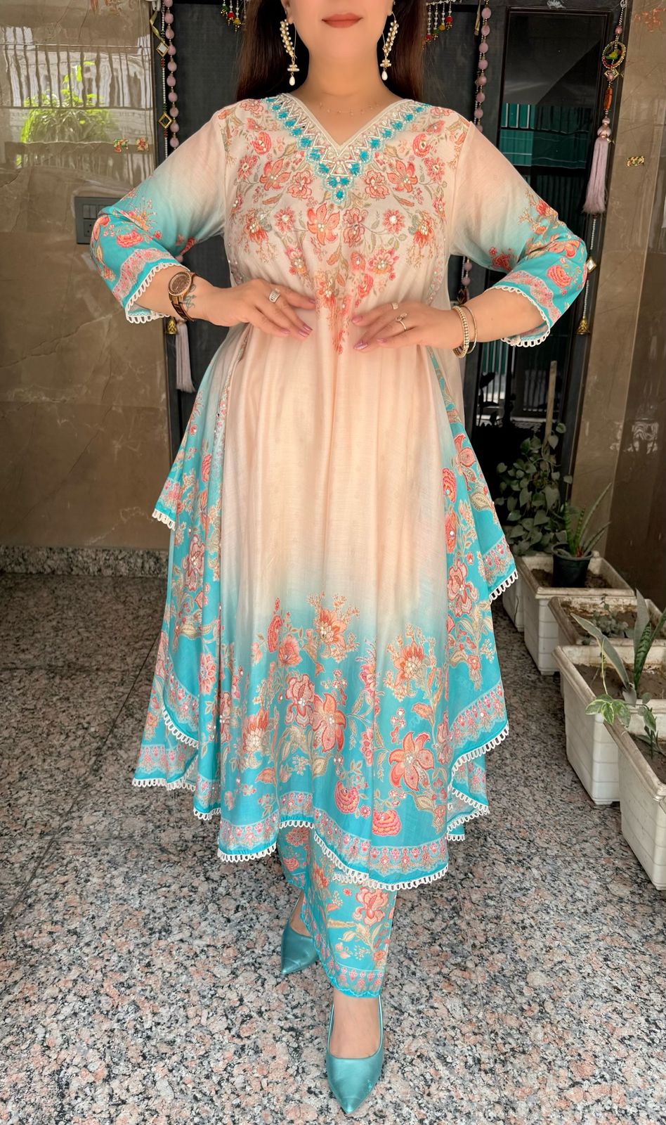 SDC-4720 Pure Crepe Printed 3 Piece Umbrella Flare Kurti Set