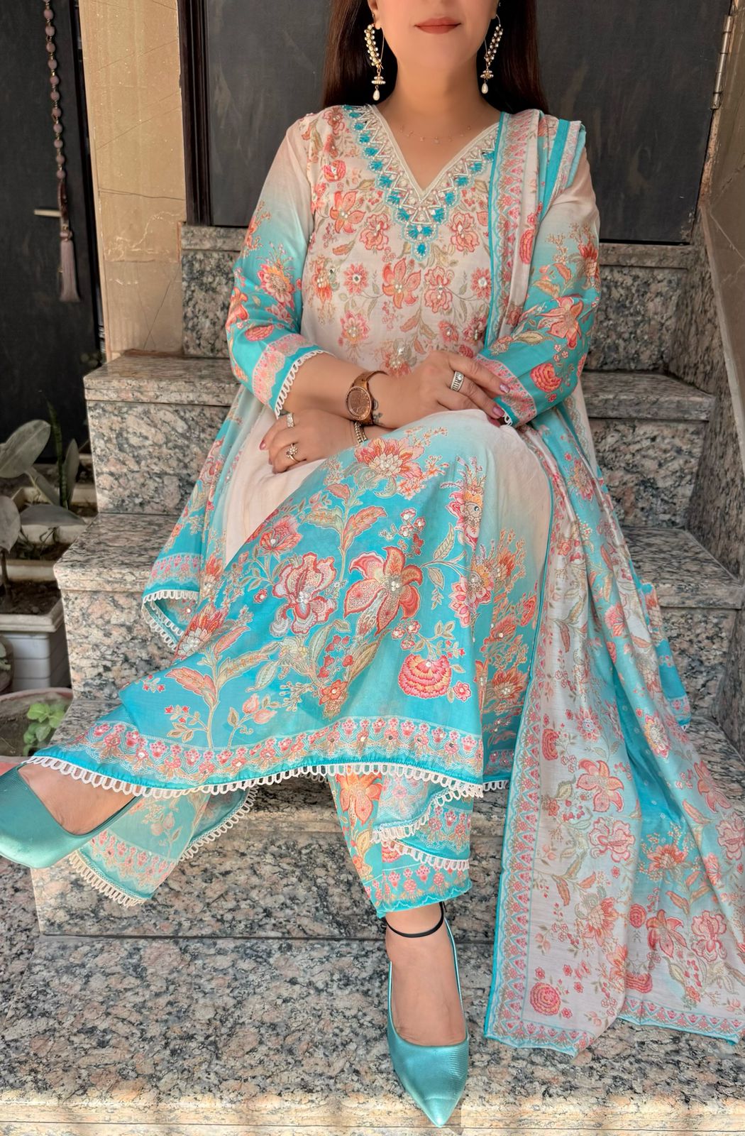 SDC-4720 Pure Crepe Printed 3 Piece Umbrella Flare Kurti Set