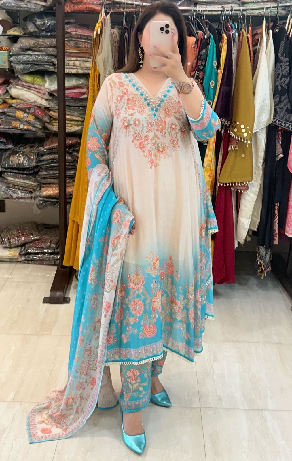 SDC-4720 Pure Crepe Printed 3 Piece Umbrella Flare Kurti Set