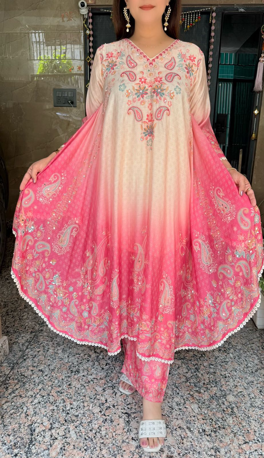 SDC-4721 Pure Crepe Printed 3 Piece Umbrella Flare Kurti Set