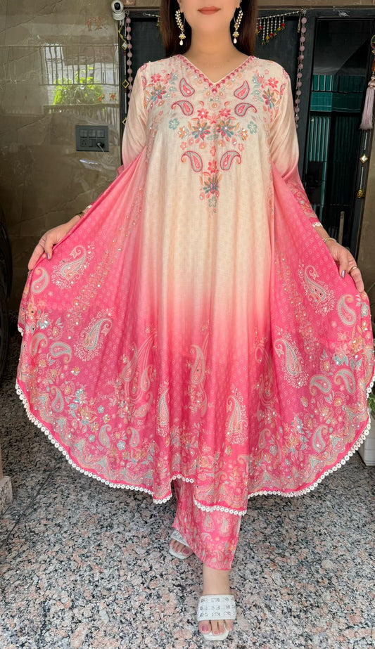 SDC-4721 Pure Crepe Printed 3 Piece Umbrella Flare Kurti Set