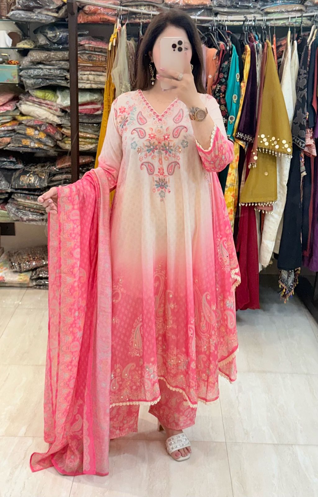 SDC-4721 Pure Crepe Printed 3 Piece Umbrella Flare Kurti Set