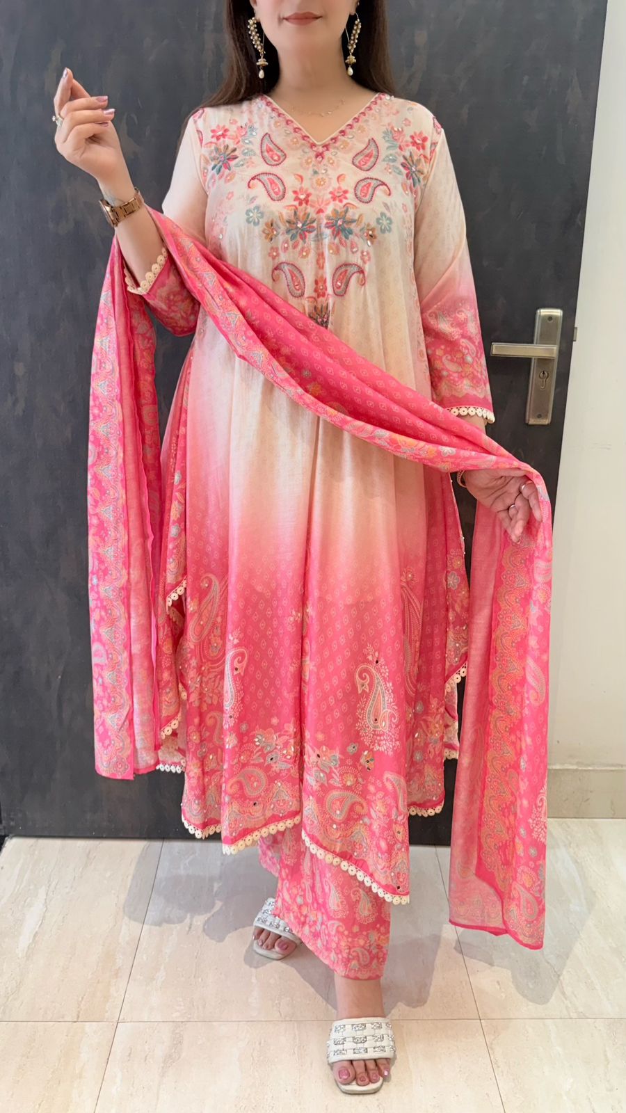 SDC-4721 Pure Crepe Printed 3 Piece Umbrella Flare Kurti Set