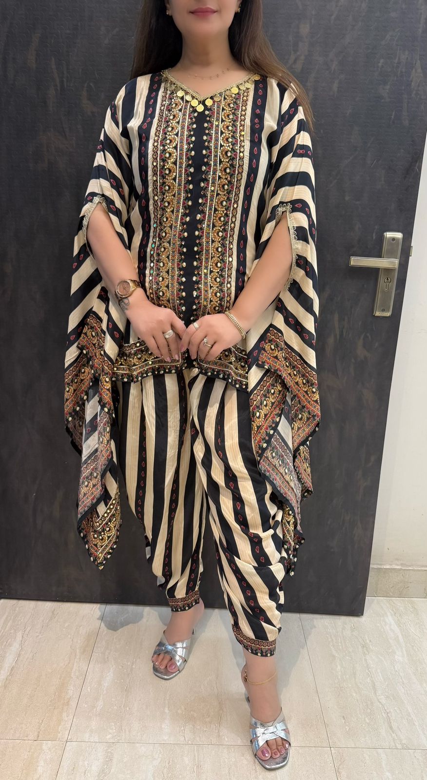 SDC-4728 Pure Crepe Printed 2 Piece Unique Cut Kaftaan Co-ord Set