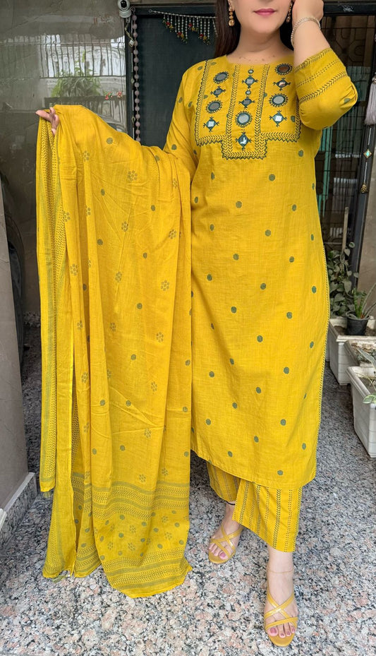 SDC-4729 Self Weaving Slub Cotton3 Piece Kurti Set