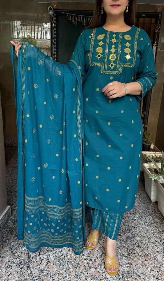 SDC-4730 Self Weaving Slub Cotton3 Piece Kurti Set