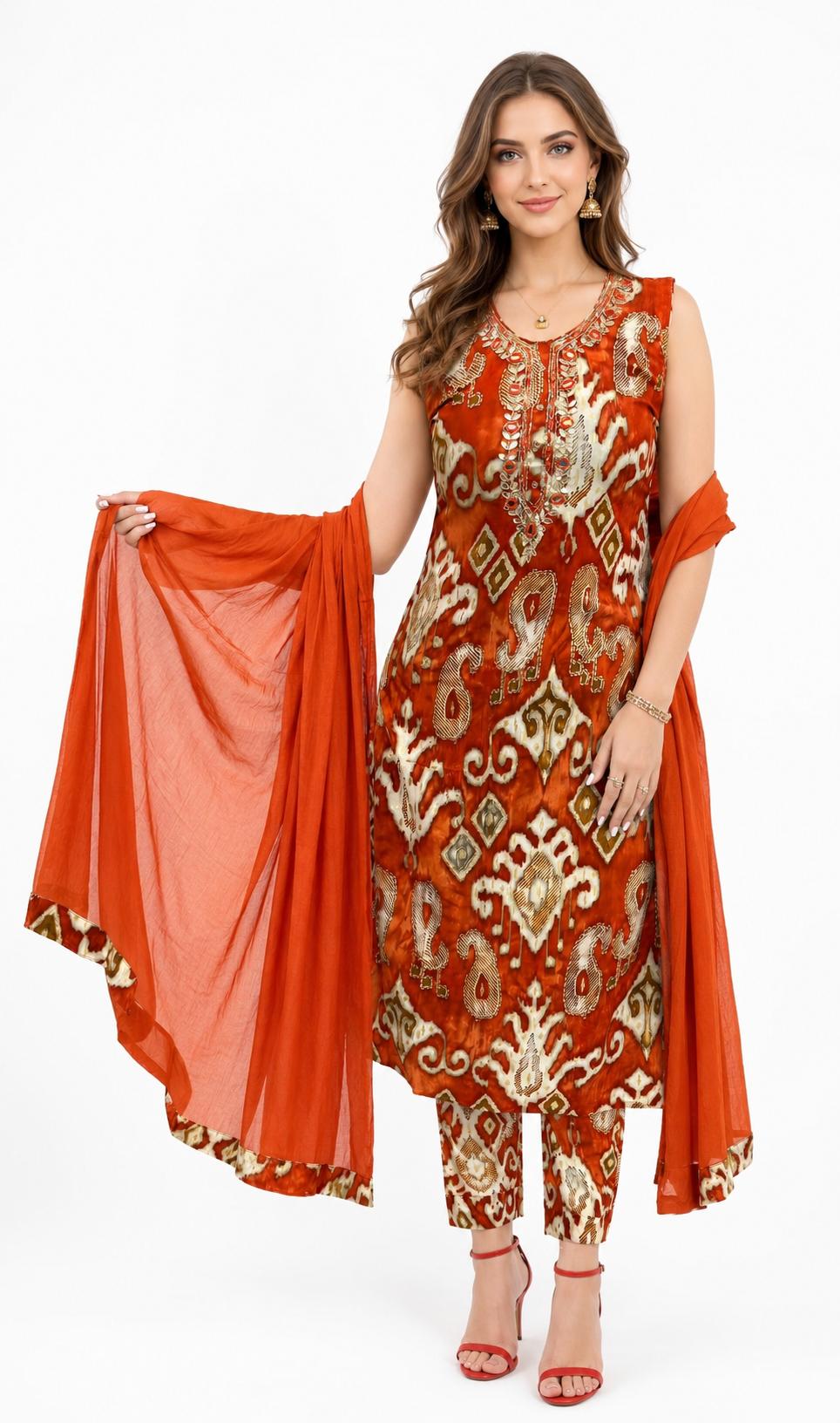 SDC-4784. Printed Rayon 3 Piece Kurti Set