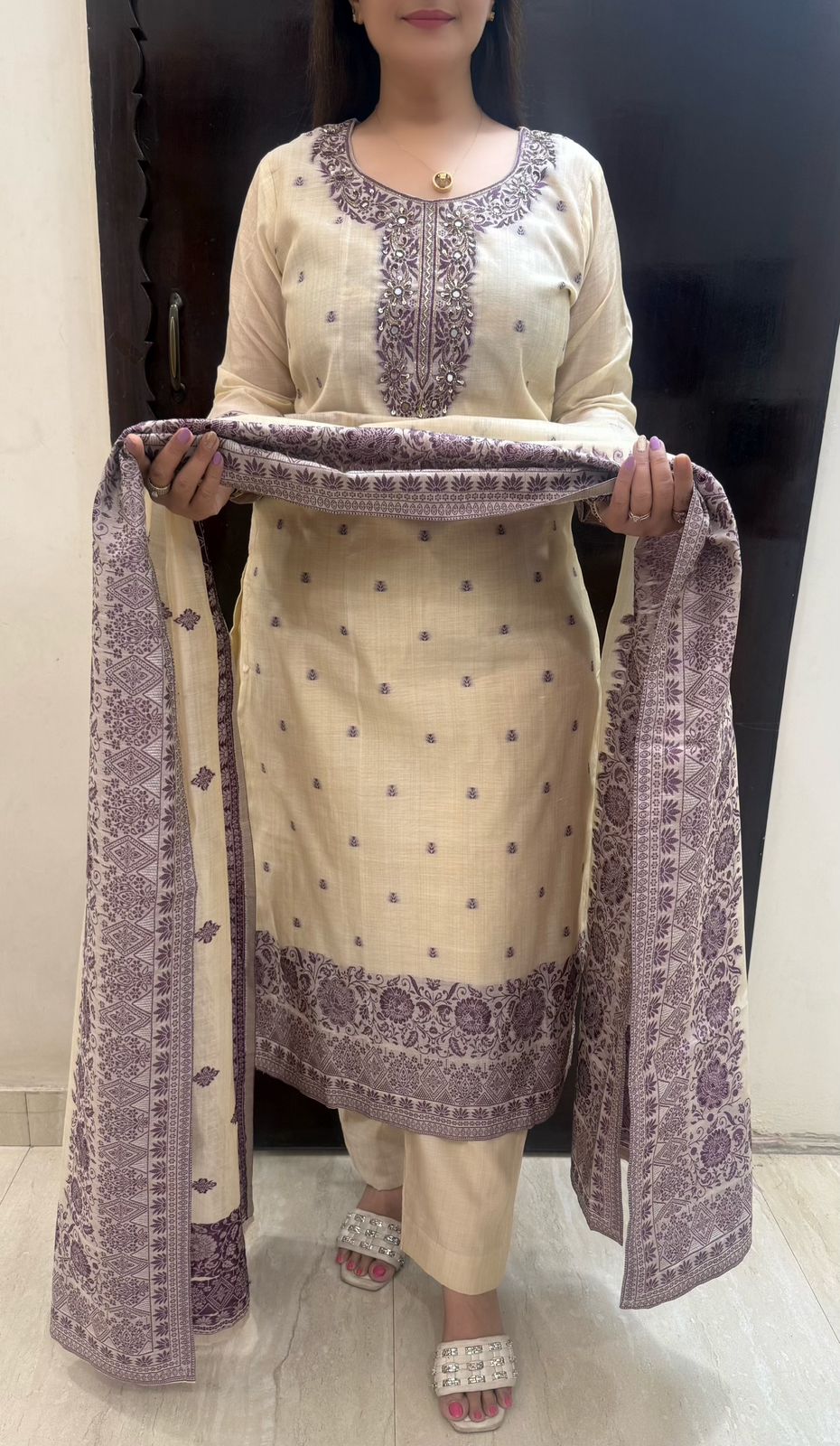 SDC-4827. Cotton Chanderi Silk 3 Piece Kurti Set