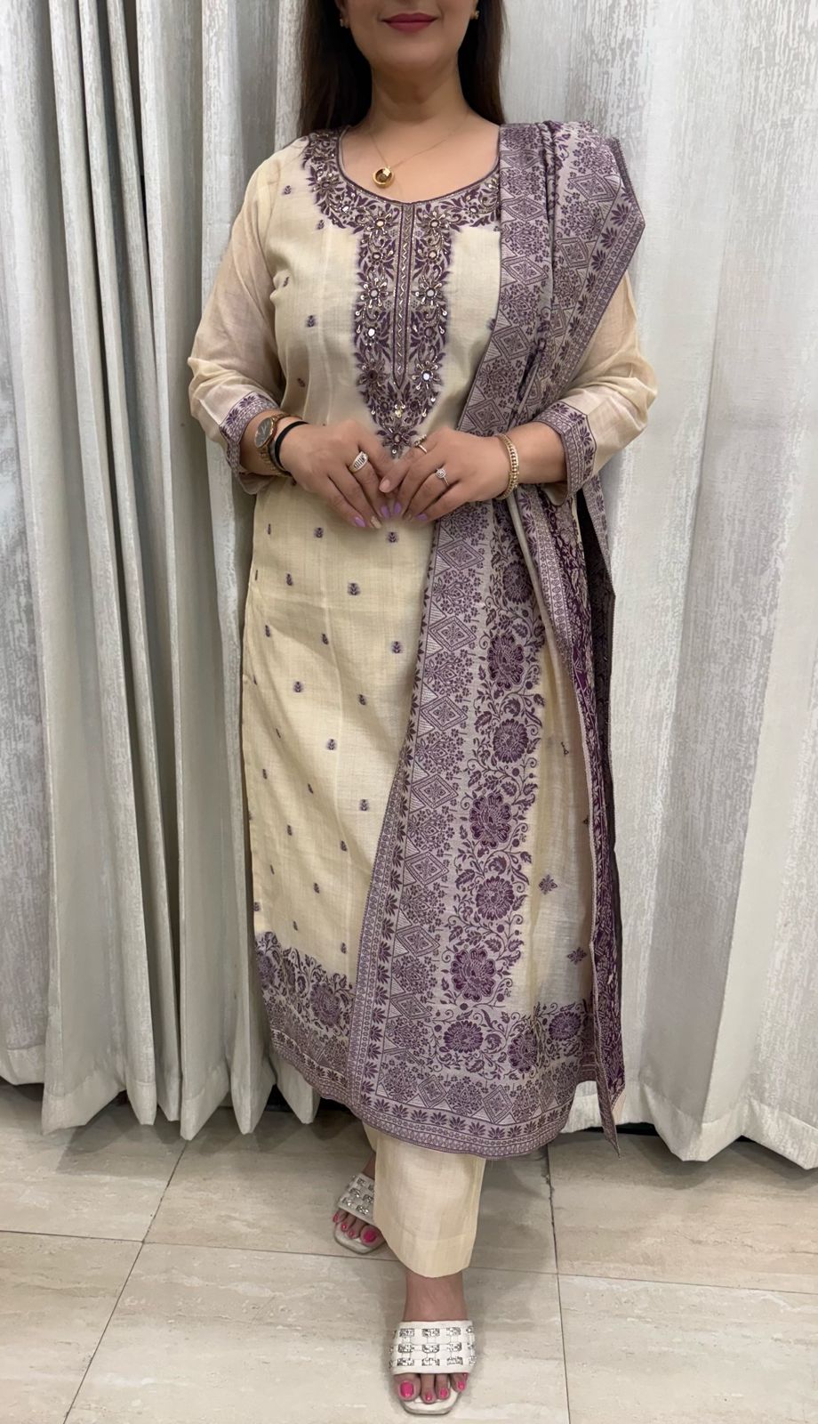 SDC-4827. Cotton Chanderi Silk 3 Piece Kurti Set