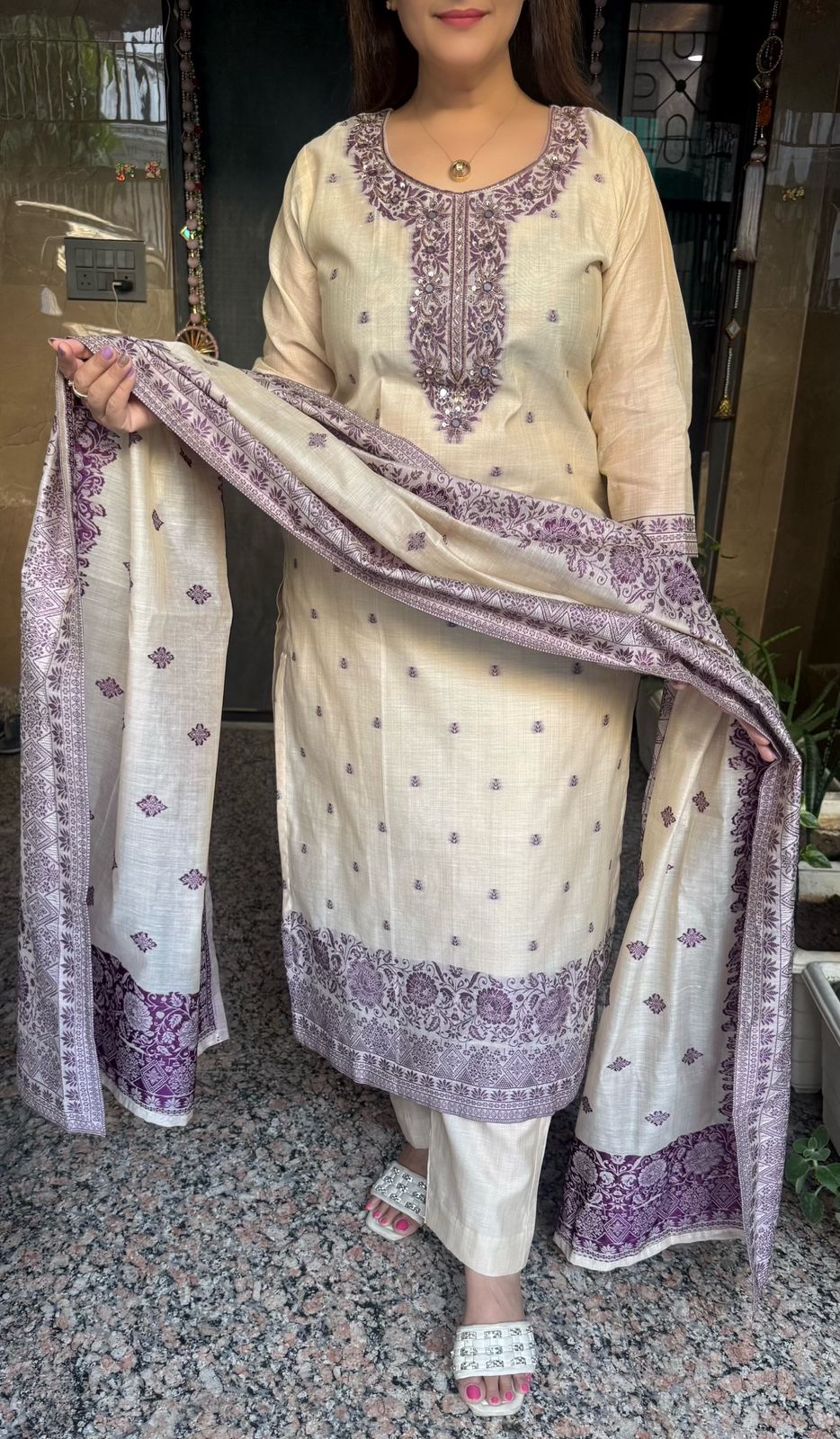 SDC-4827. Cotton Chanderi Silk 3 Piece Kurti Set