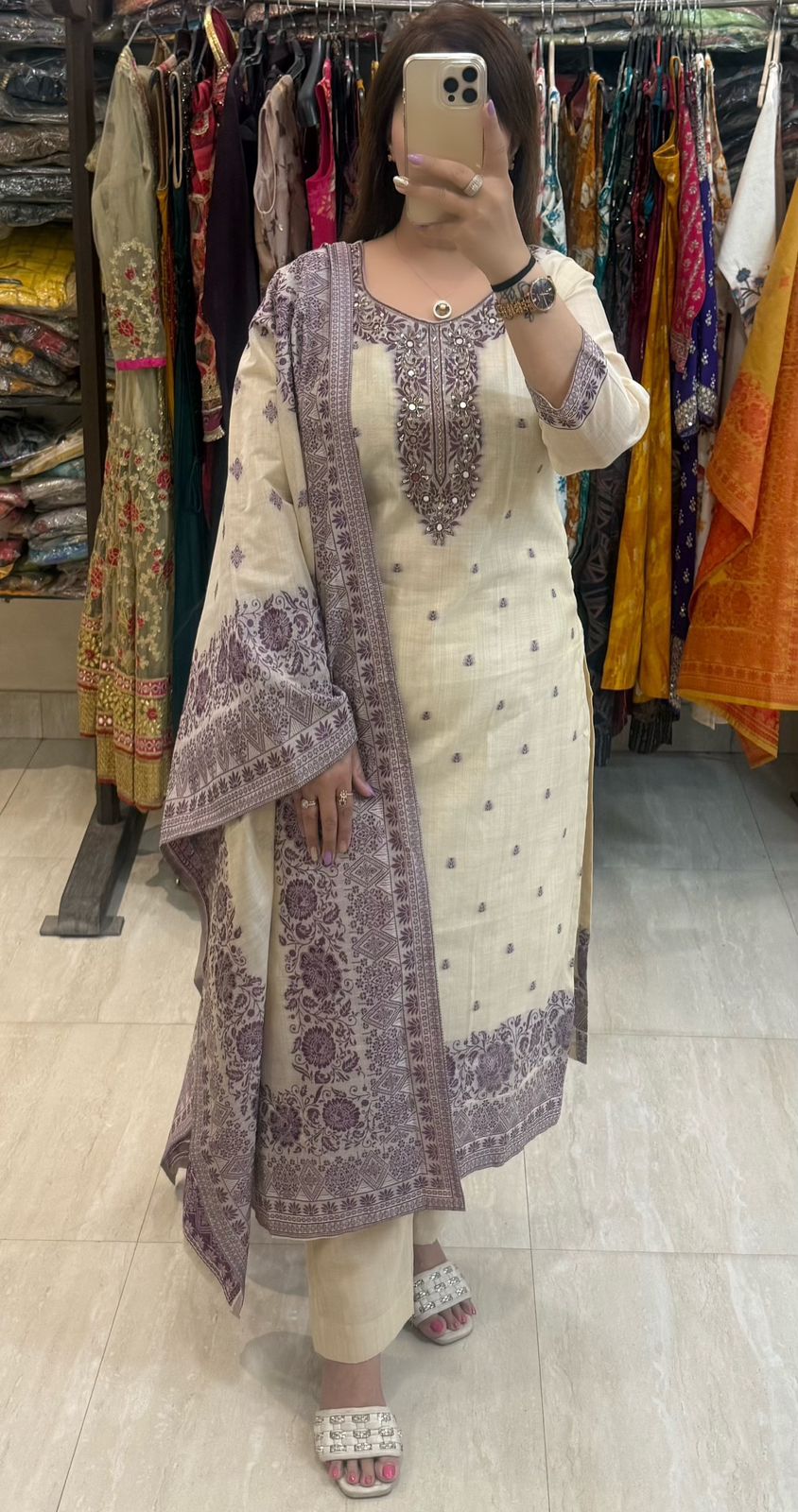 SDC-4827. Cotton Chanderi Silk 3 Piece Kurti Set