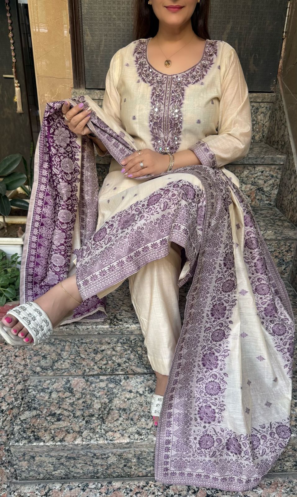 SDC-4827. Cotton Chanderi Silk 3 Piece Kurti Set