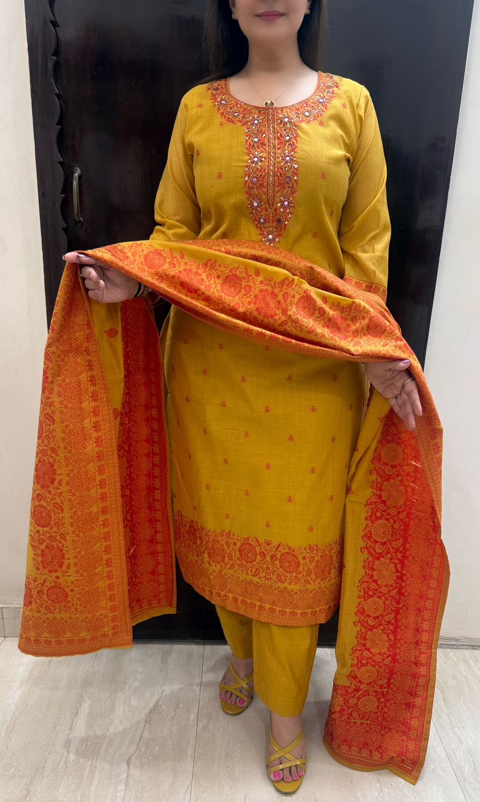 SDC-4828. Cotton Chanderi Silk 3 Piece Kurti Set