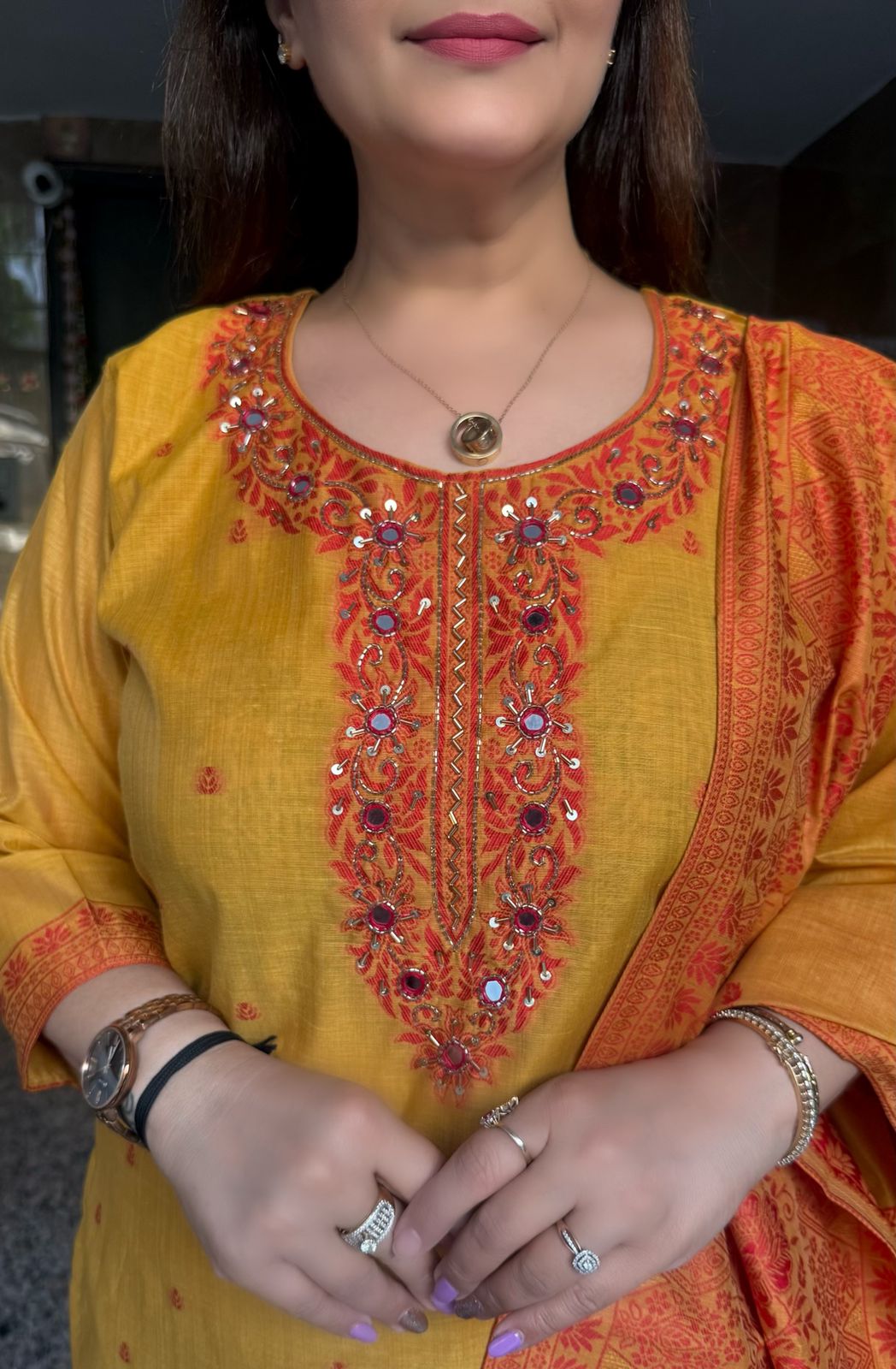 SDC-4828. Cotton Chanderi Silk 3 Piece Kurti Set
