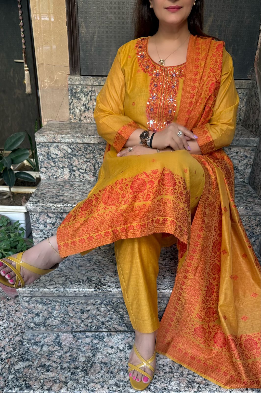 SDC-4828. Cotton Chanderi Silk 3 Piece Kurti Set