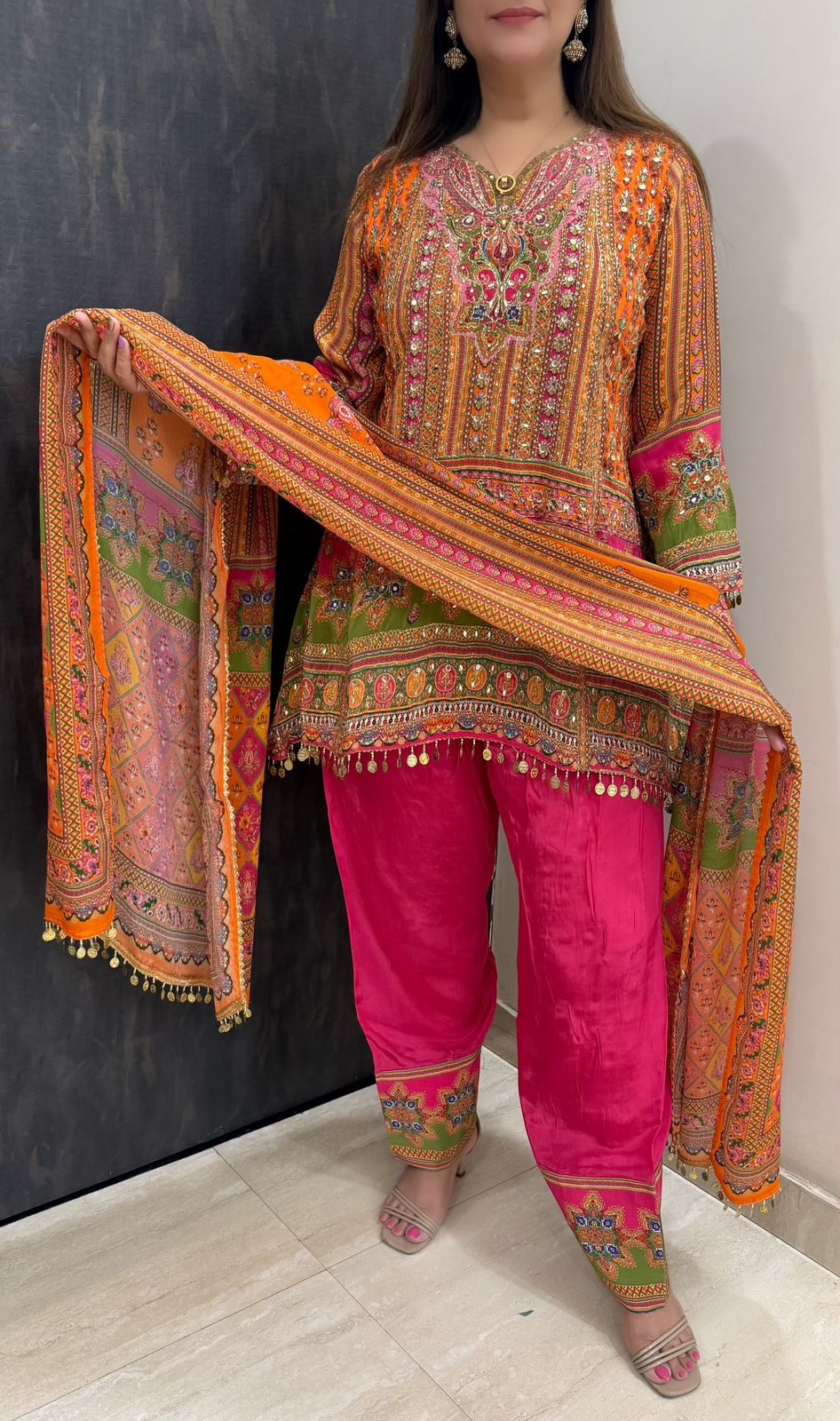 SDC-4830. Pure Printed Crepe 3 Piece Kurti with Farshi Salwar Set