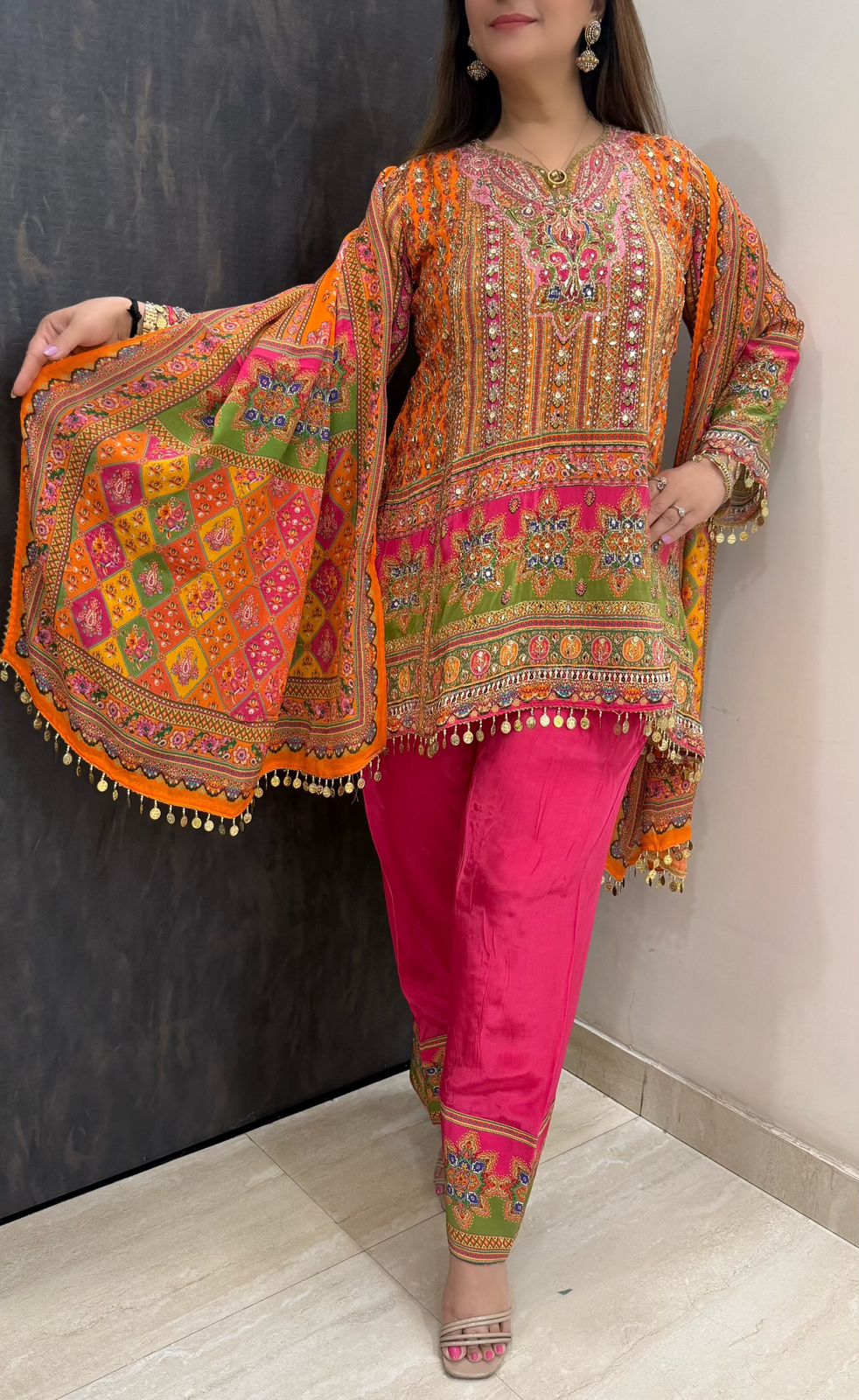 SDC-4830. Pure Printed Crepe 3 Piece Kurti with Farshi Salwar Set