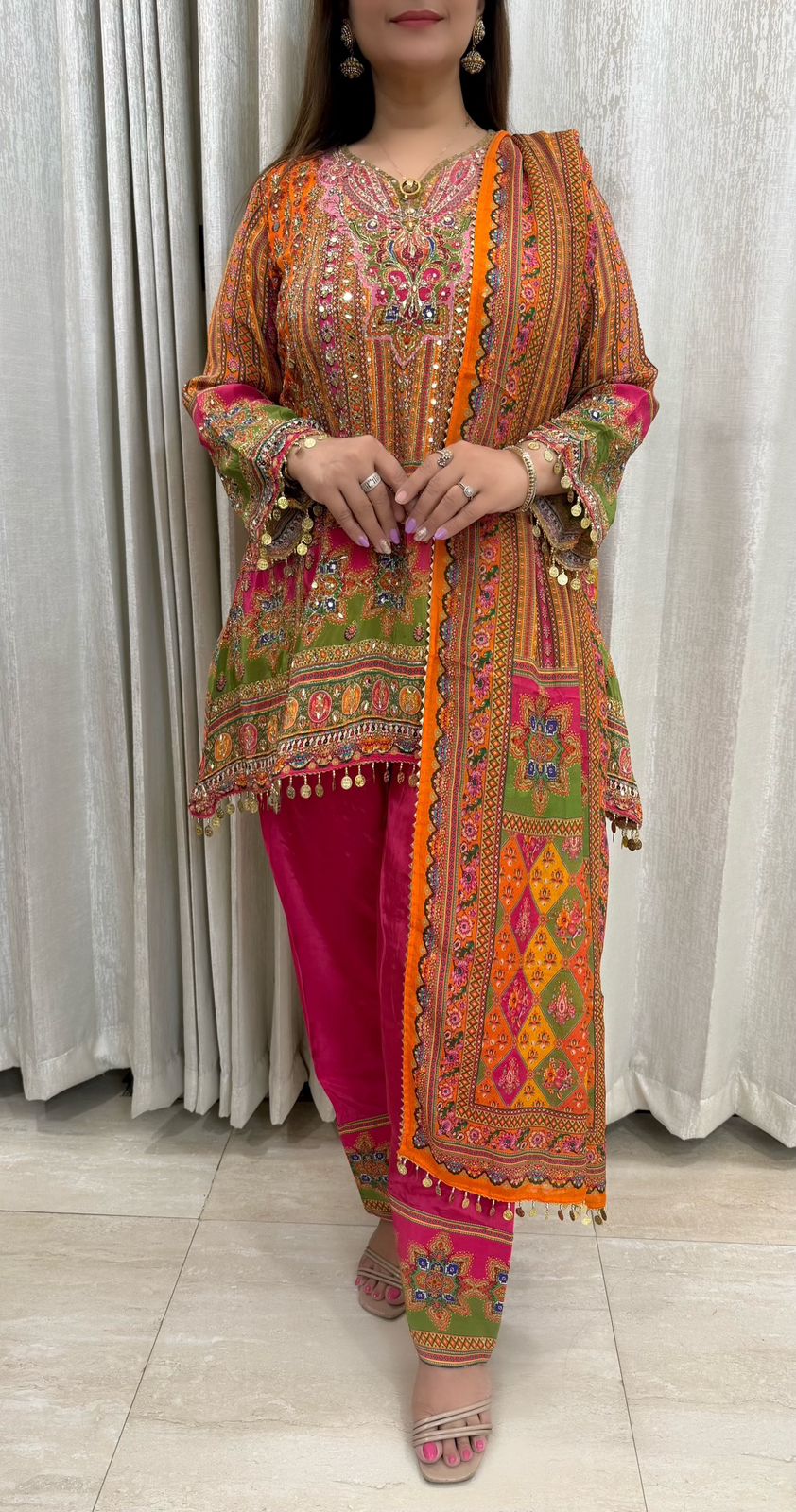 SDC-4830. Pure Printed Crepe 3 Piece Kurti with Farshi Salwar Set
