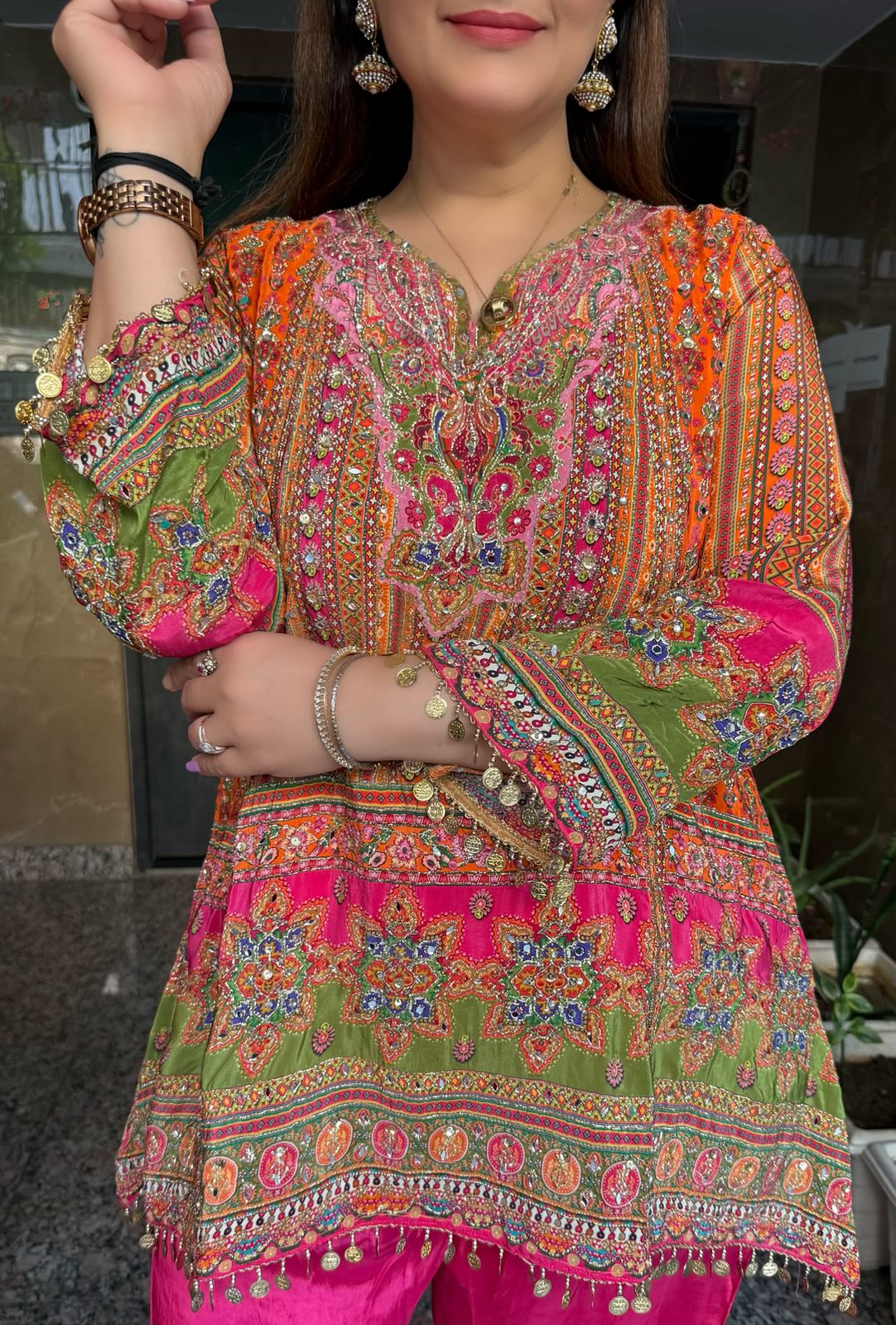 SDC-4830. Pure Printed Crepe 3 Piece Kurti with Farshi Salwar Set