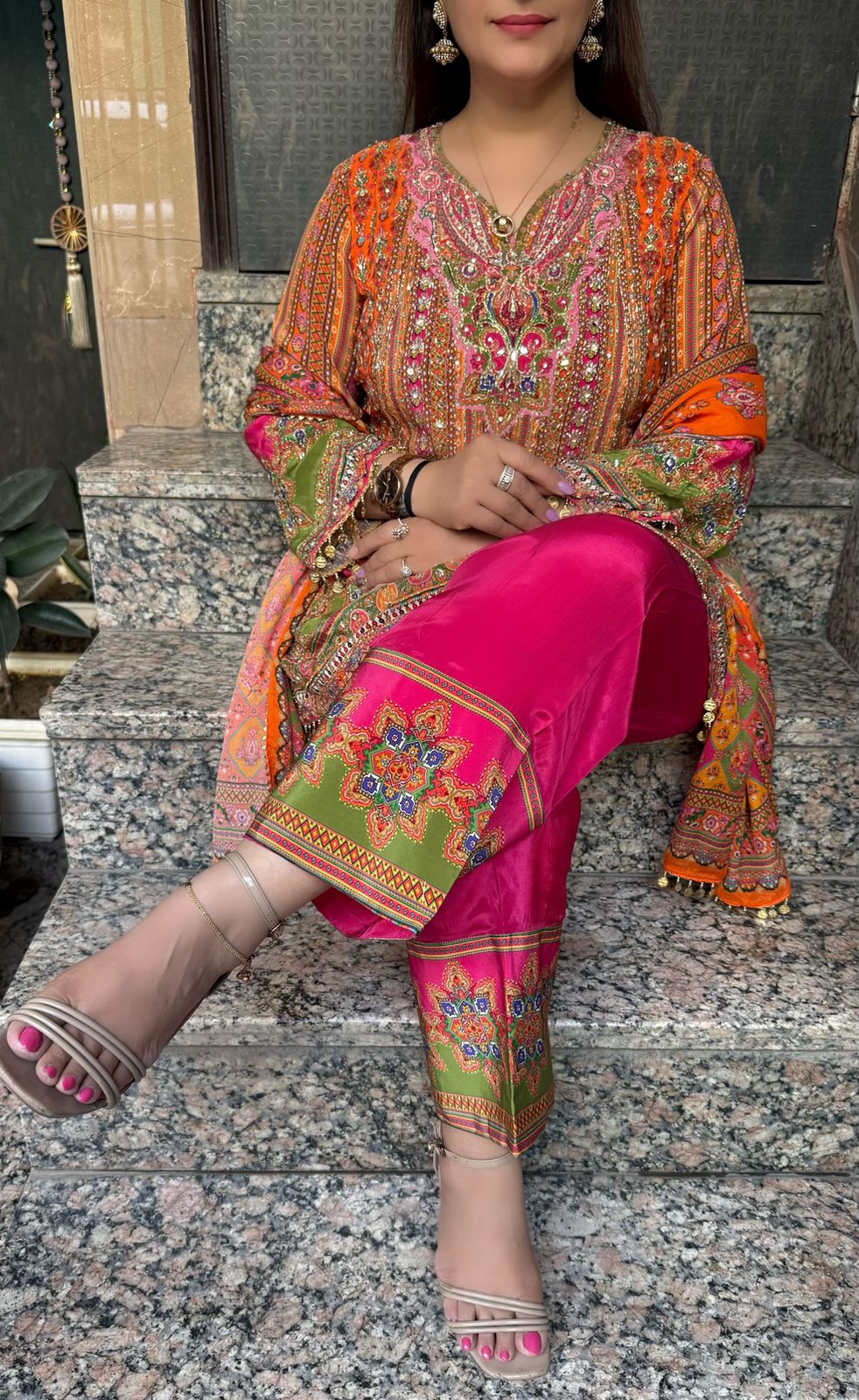 SDC-4830. Pure Printed Crepe 3 Piece Kurti with Farshi Salwar Set