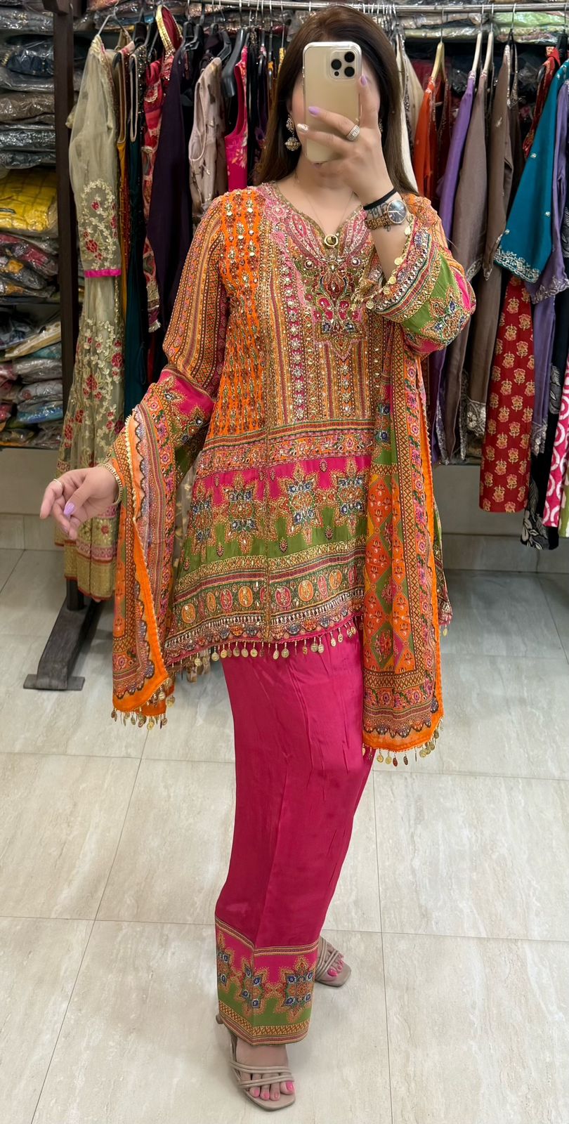 SDC-4830. Pure Printed Crepe 3 Piece Kurti with Farshi Salwar Set
