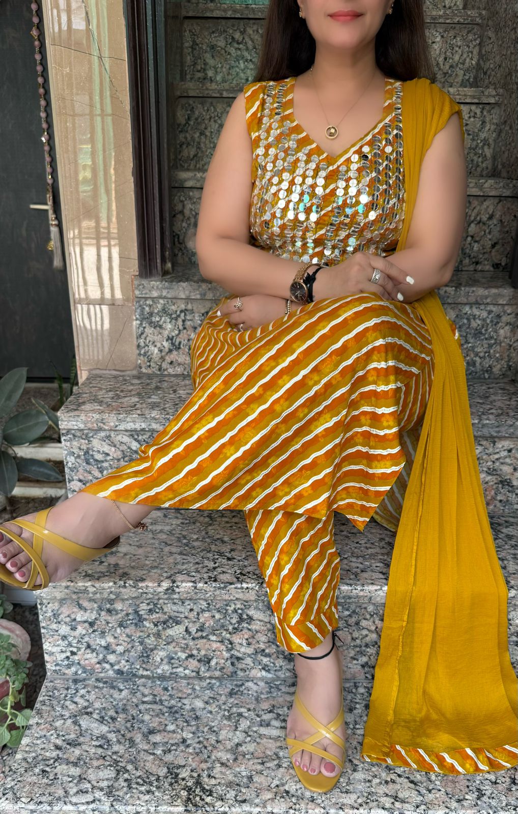 SDC-4776 Rayon Leharia Print 3 piece kurti set