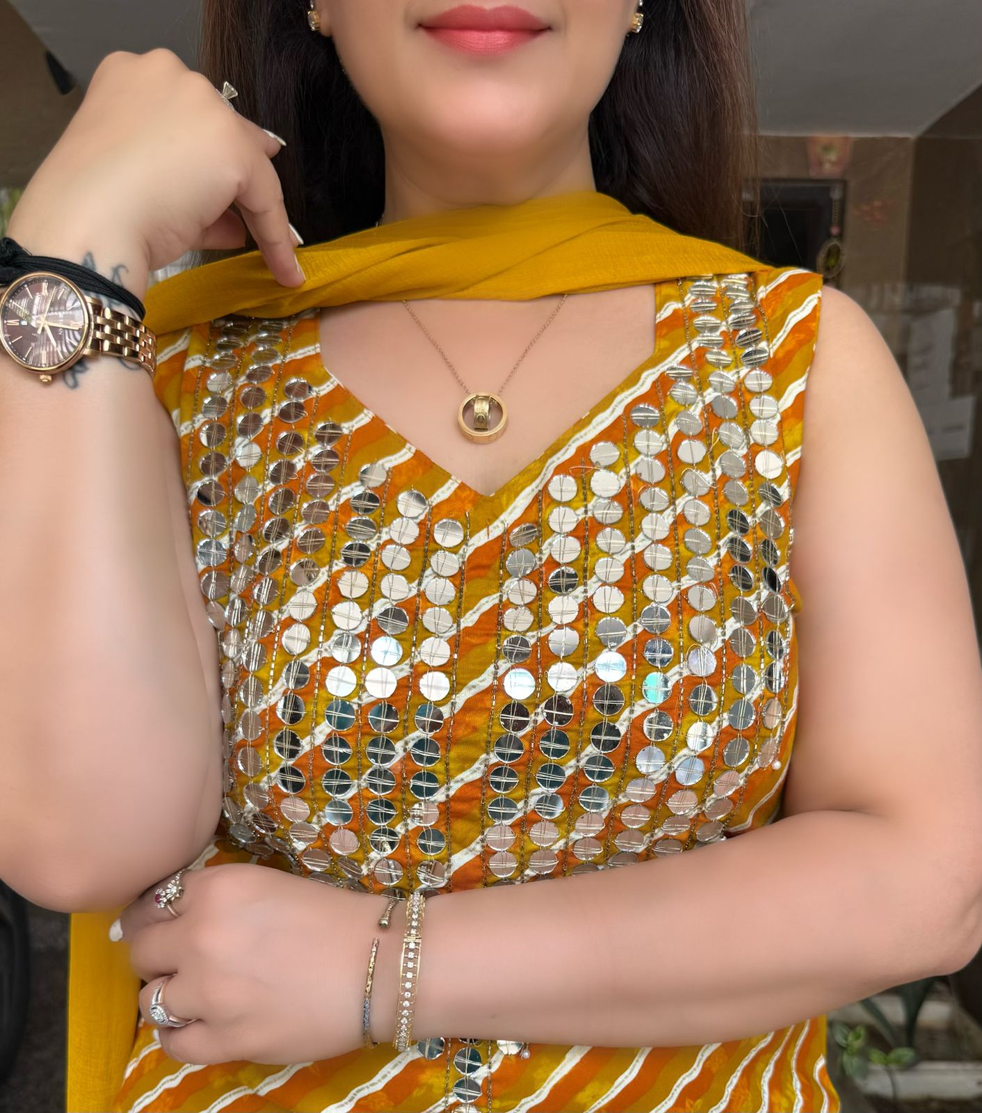 SDC-4776 Rayon Leharia Print 3 piece kurti set