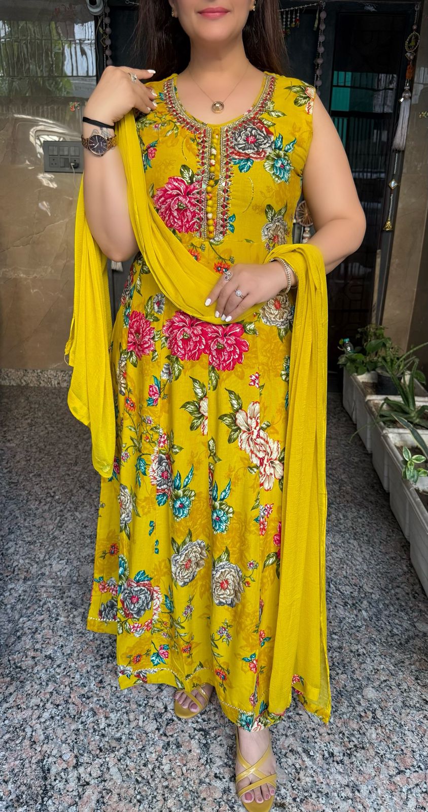 SDC-4793. Printed Rayon 3 Piece Anarkali Kurti Set