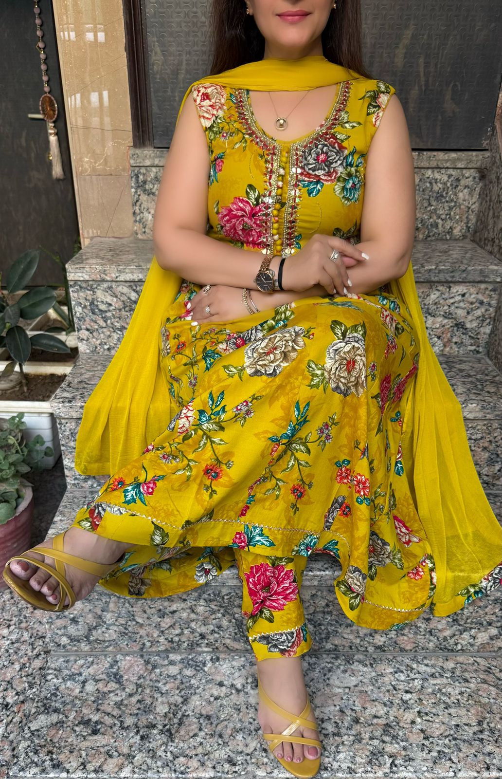 SDC-4793. Printed Rayon 3 Piece Anarkali Kurti Set