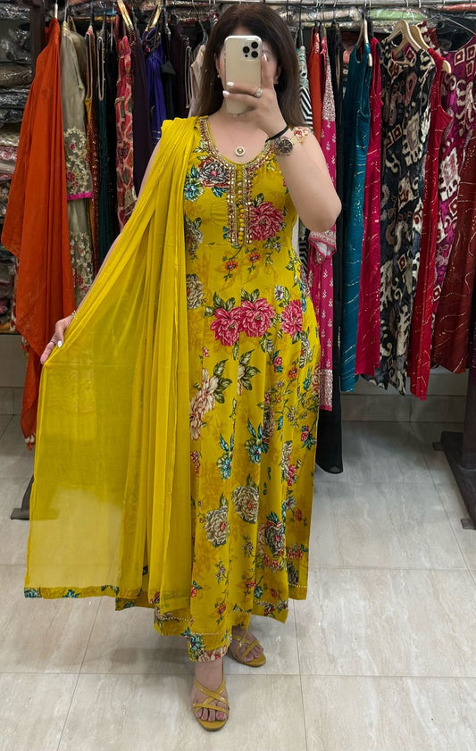 SDC-4793. Printed Rayon 3 Piece Anarkali Kurti Set