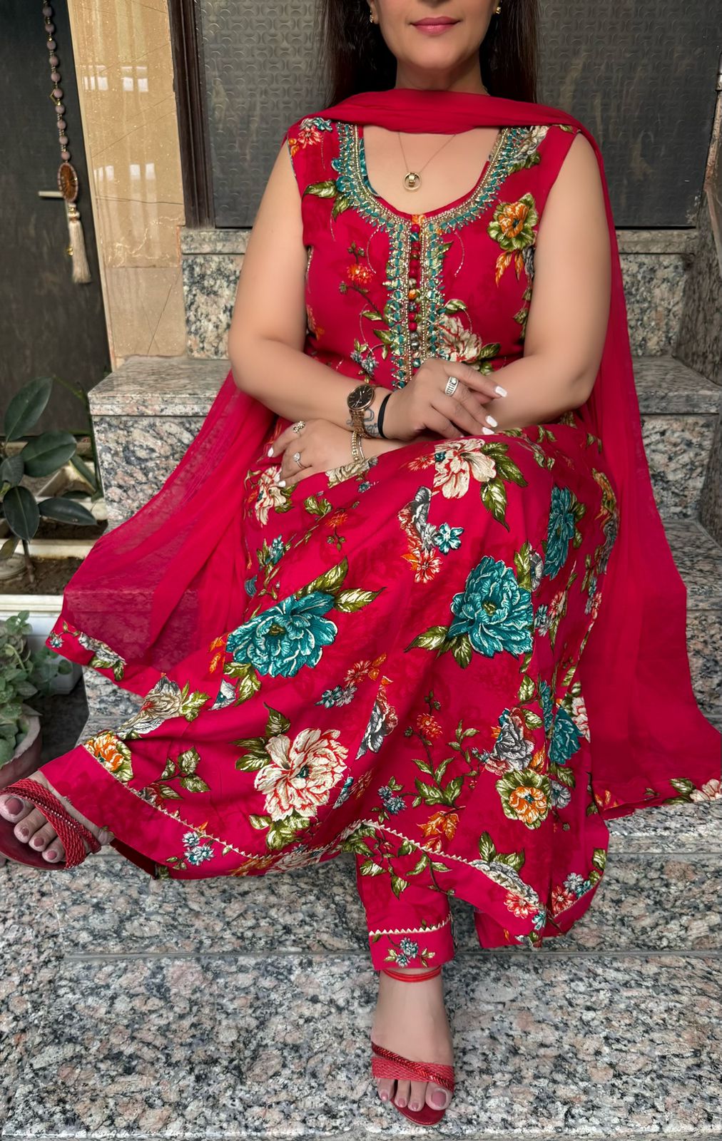 SDC-4794. Printed Rayon 3 Piece Anarkali Kurti Set