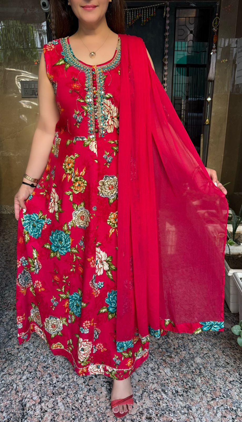 SDC-4794. Printed Rayon 3 Piece Anarkali Kurti Set