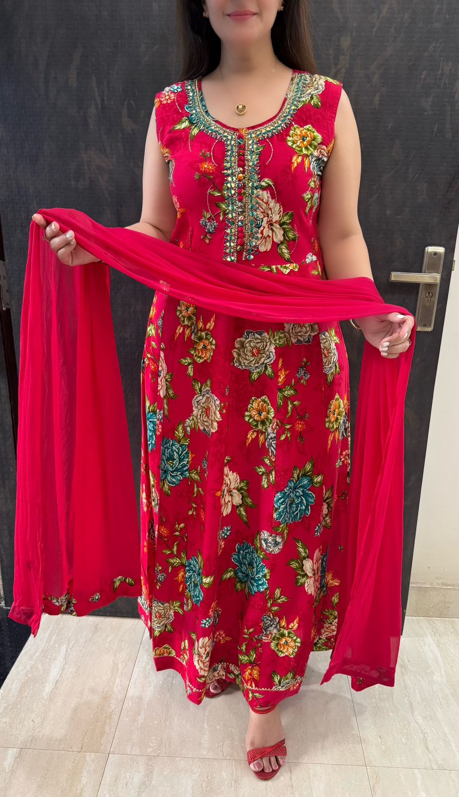 SDC-4794. Printed Rayon 3 Piece Anarkali Kurti Set