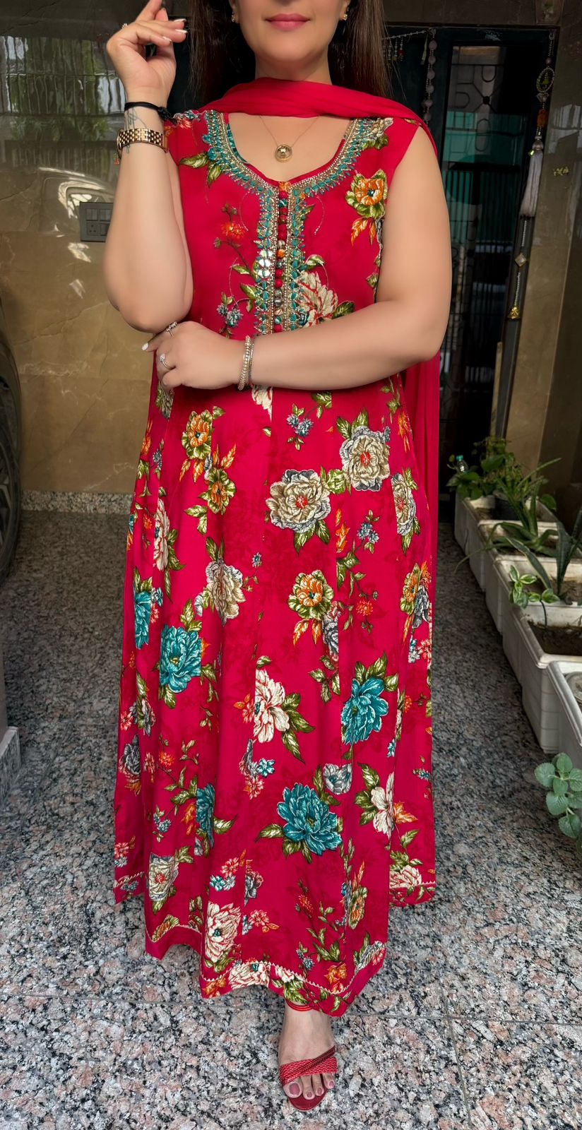 SDC-4794. Printed Rayon 3 Piece Anarkali Kurti Set